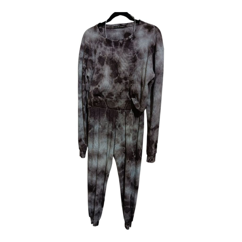 Brooklyn Karma Charcoal Grey Blue Tie Dye Thermal Crew Neck Crop Top & Pants Set - Picture 4 of 17